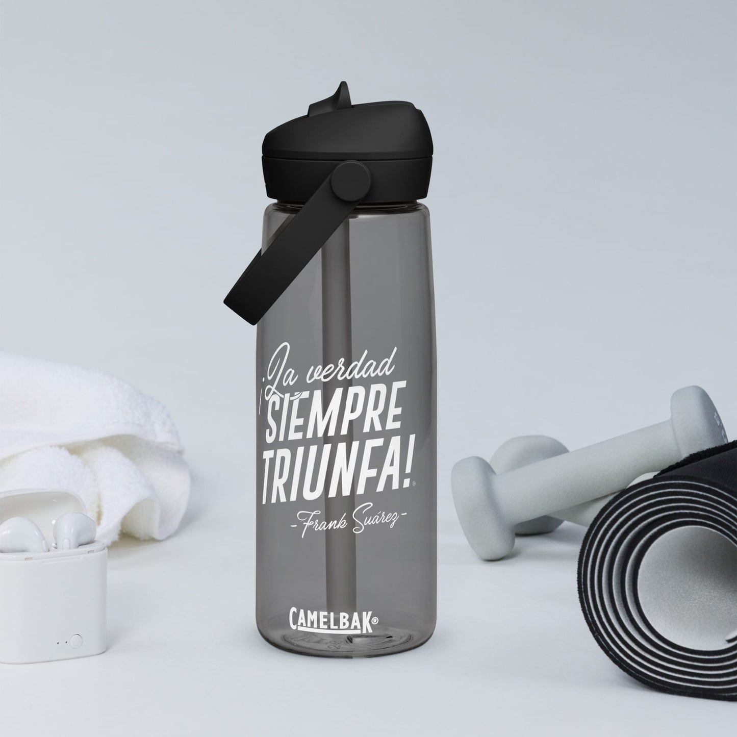 MetabolismoTV DRINKWARE Botella de agua “La verdad siempre triunfa” – Frank Suárez | Colo negro y gris con tapa y pajita (sorbeto / Straw)