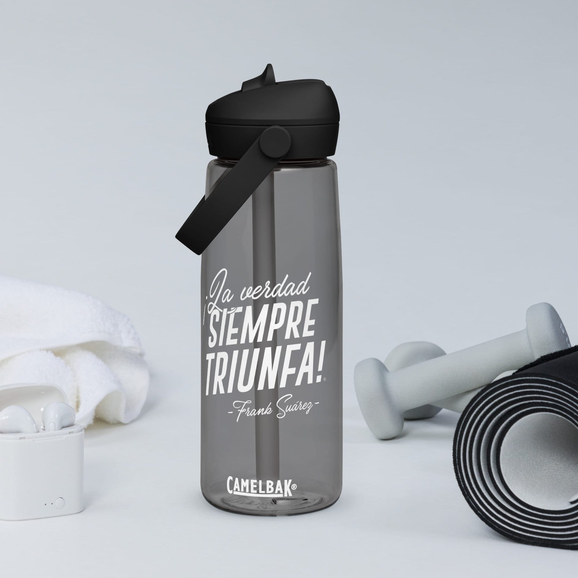 MetabolismoTV DRINKWARE Botella de agua “La verdad siempre triunfa” – Frank Suárez | Colo negro y gris con tapa y pajita (sorbeto / Straw)