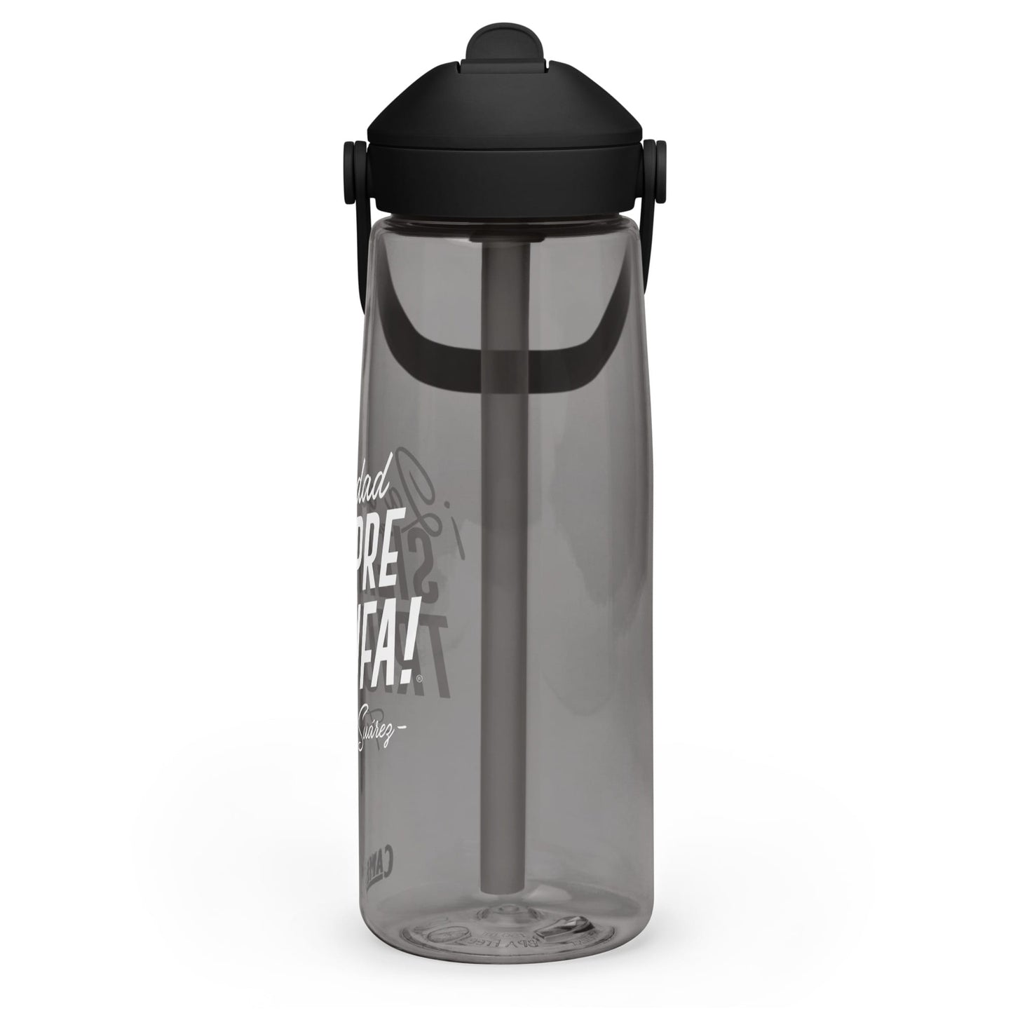MetabolismoTV DRINKWARE Botella de agua “La verdad siempre triunfa” – Frank Suárez | Colo negro y gris con tapa y pajita (sorbeto / Straw)