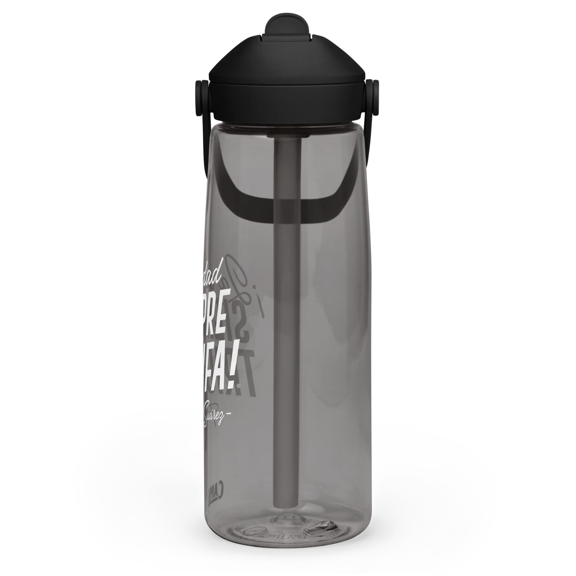 MetabolismoTV DRINKWARE Botella de agua “La verdad siempre triunfa” – Frank Suárez | Colo negro y gris con tapa y pajita (sorbeto / Straw)
