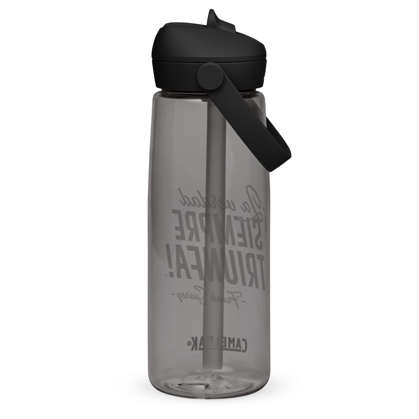 MetabolismoTV DRINKWARE Botella de agua “La verdad siempre triunfa” – Frank Suárez | Colo negro y gris con tapa y pajita (sorbeto / Straw)
