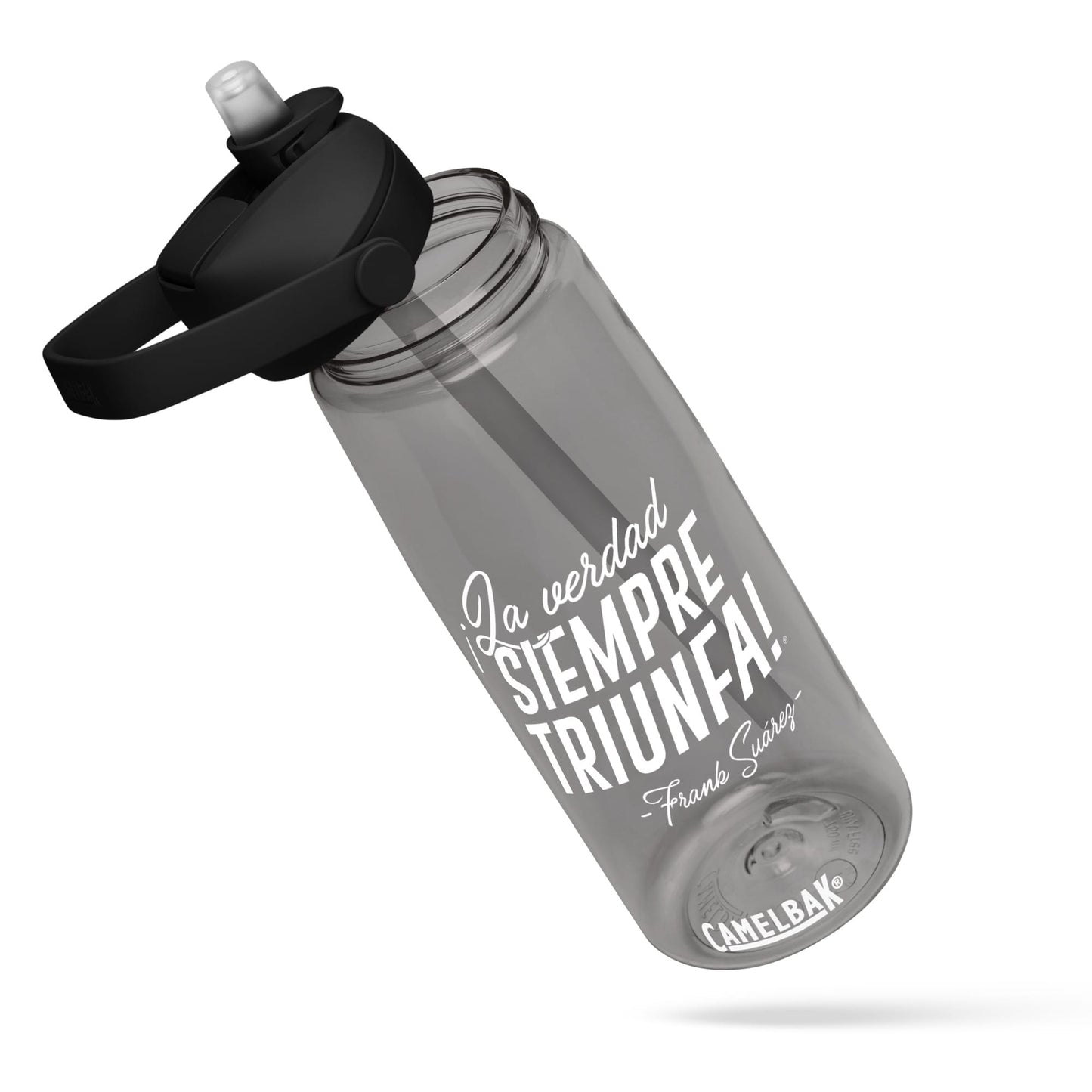 MetabolismoTV DRINKWARE Botella de agua “La verdad siempre triunfa” – Frank Suárez | Colo negro y gris con tapa y pajita (sorbeto / Straw)