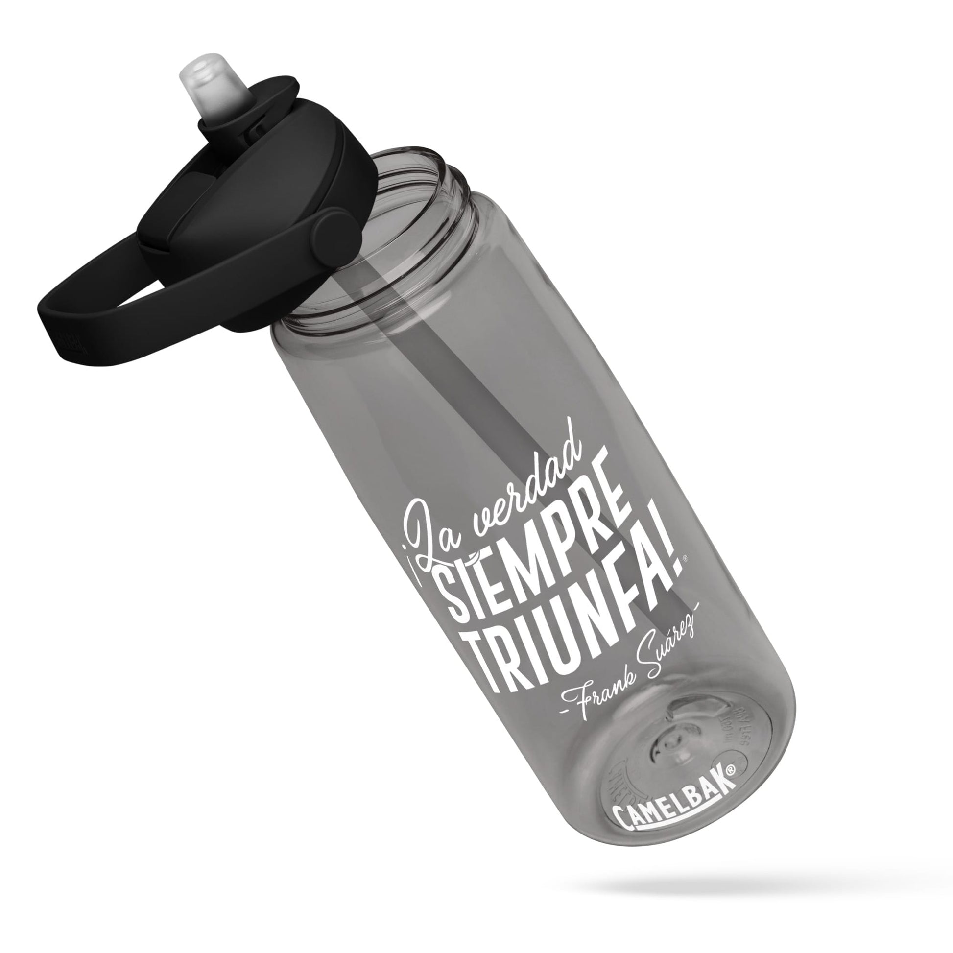 MetabolismoTV DRINKWARE Botella de agua “La verdad siempre triunfa” – Frank Suárez | Colo negro y gris con tapa y pajita (sorbeto / Straw)