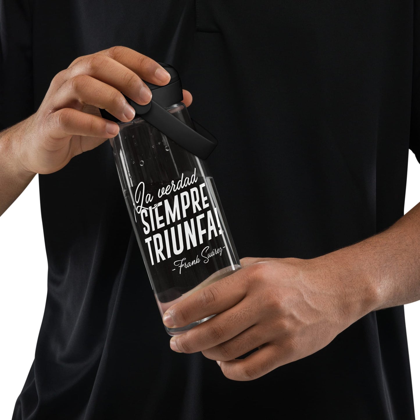 MetabolismoTV DRINKWARE Botella de agua “La verdad siempre triunfa” – Frank Suárez | Colo negro y gris con tapa y pajita (sorbeto / Straw)