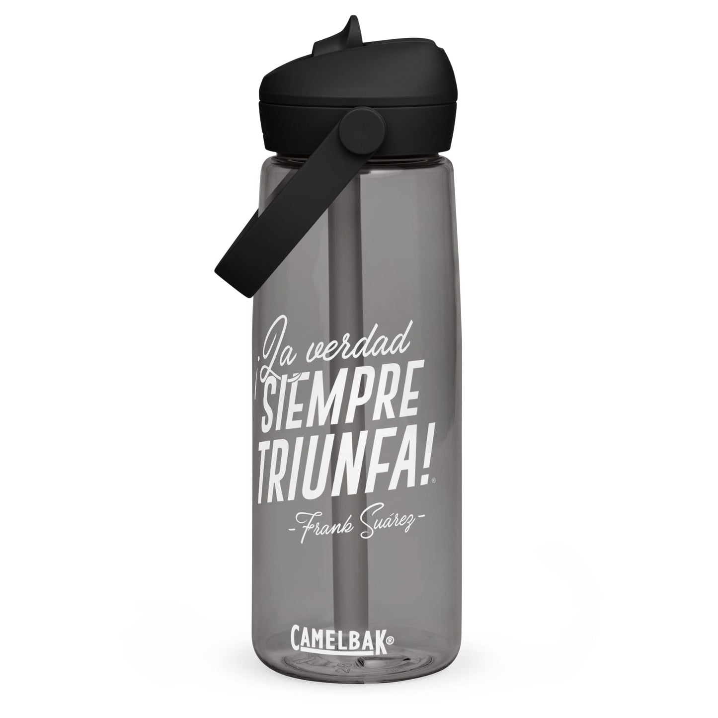 MetabolismoTV DRINKWARE Botella de agua “La verdad siempre triunfa” – Frank Suárez | Colo negro y gris con tapa y pajita (sorbeto / Straw)