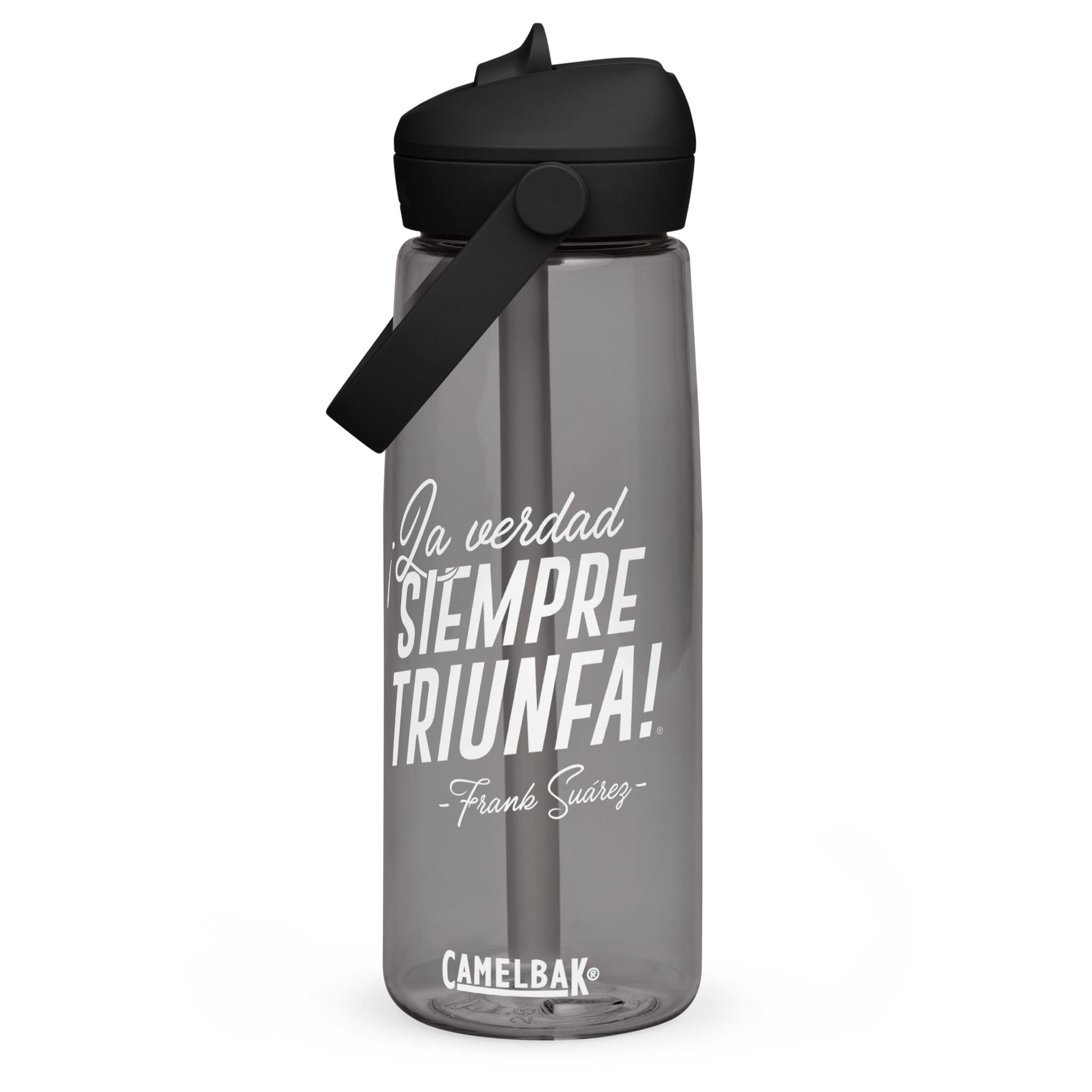 MetabolismoTV DRINKWARE Botella de agua “La verdad siempre triunfa” – Frank Suárez | Colo negro y gris con tapa y pajita (sorbeto / Straw)
