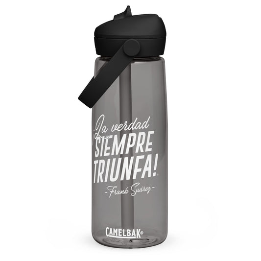 MetabolismoTV DRINKWARE Botella de agua “La verdad siempre triunfa” – Frank Suárez | Colo negro y gris con tapa y pajita (sorbeto / Straw)
