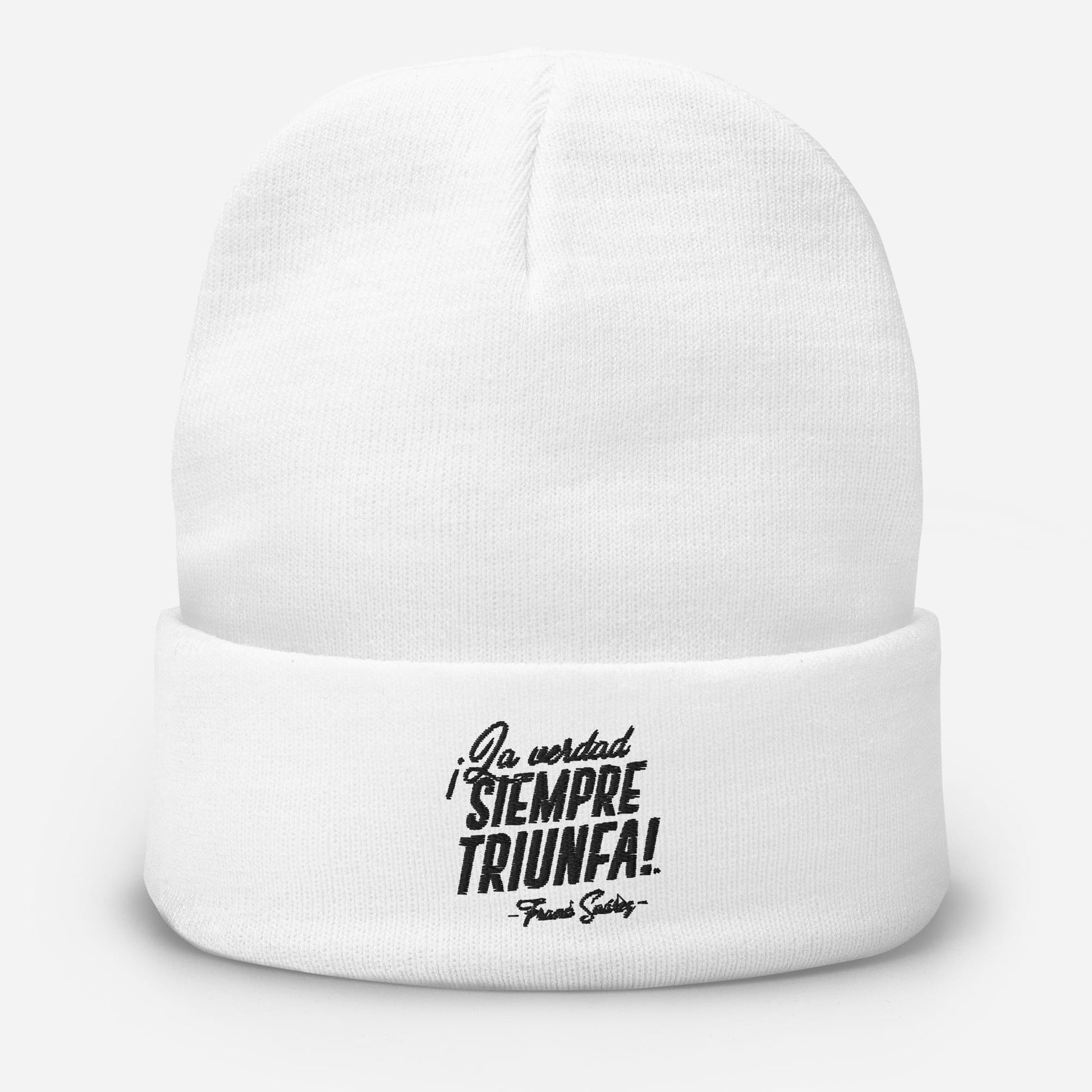 MetabolismoTV EMBROIDERY Knit Beanie - Gorro bordado “La verdad siempre triunfa” – Frank Suárez | Color blanco