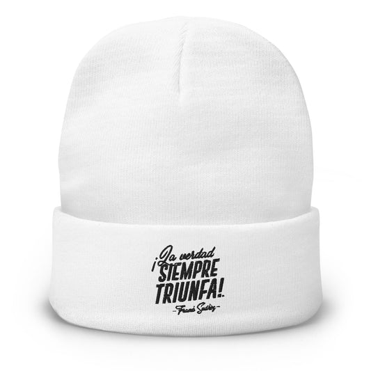MetabolismoTV EMBROIDERY Knit Beanie - Gorro bordado “La verdad siempre triunfa” – Frank Suárez | Color blanco