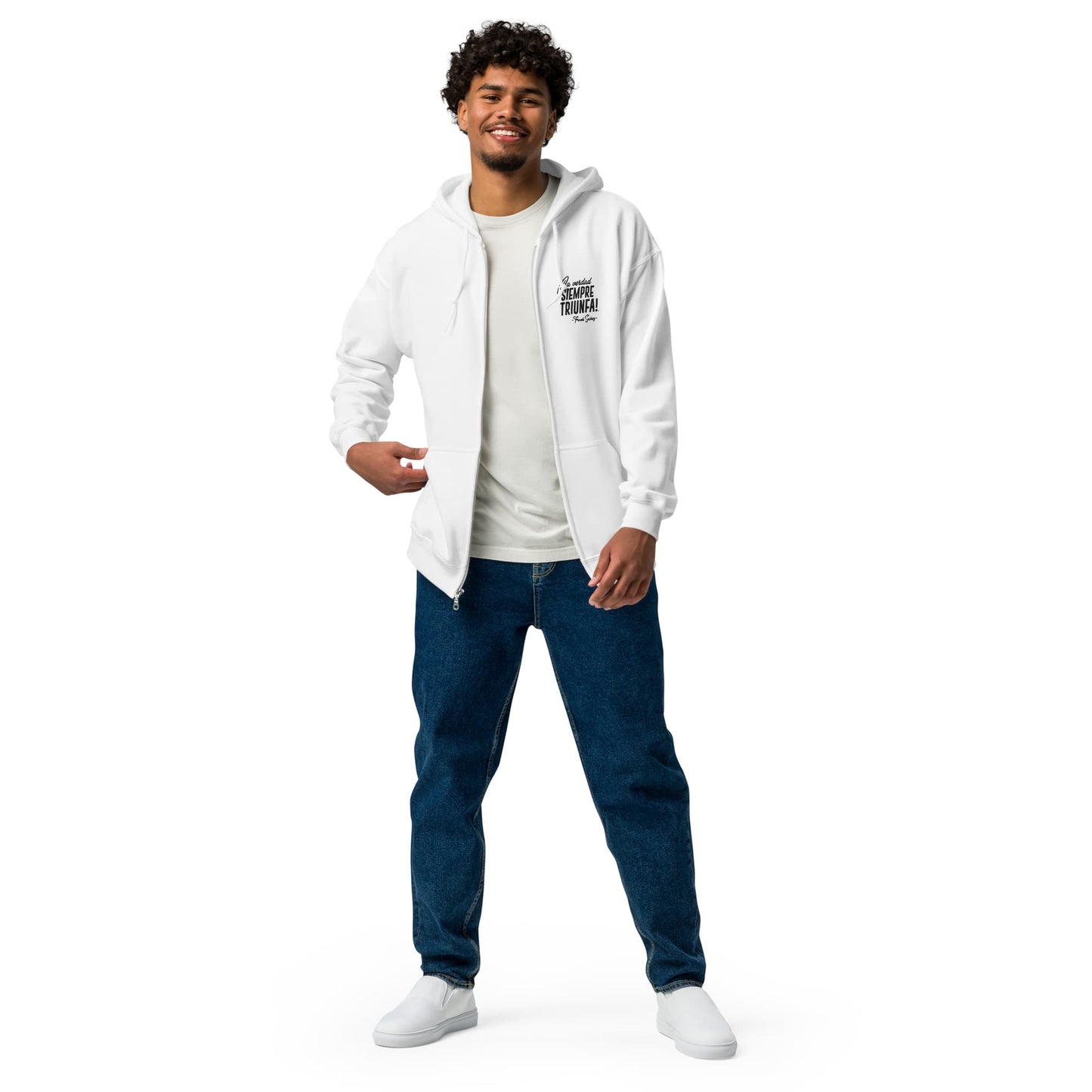 MetabolismoTV T-SHIRT Sudadera  “La verdad siempre triunfa” – Frank Suárez | con Zipper Unisex con capucha blanca y bordado en color negro