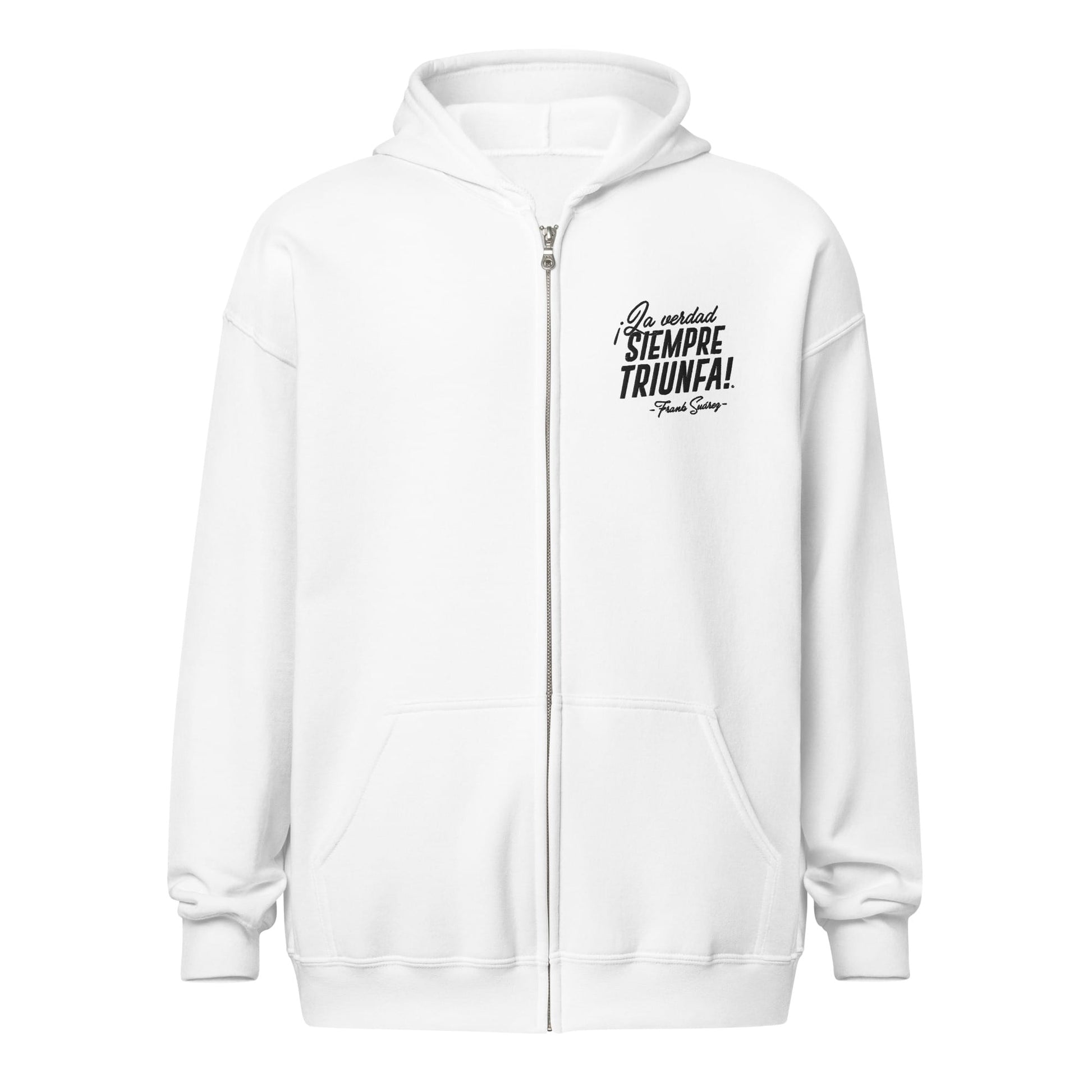 MetabolismoTV T-SHIRT Sudadera  “La verdad siempre triunfa” – Frank Suárez | con Zipper Unisex con capucha blanca y bordado en color negro